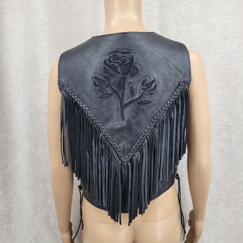 UNIK Women's Black Fringe Leather Motorcycle Bikercore Vest Vintage Rose Cutout